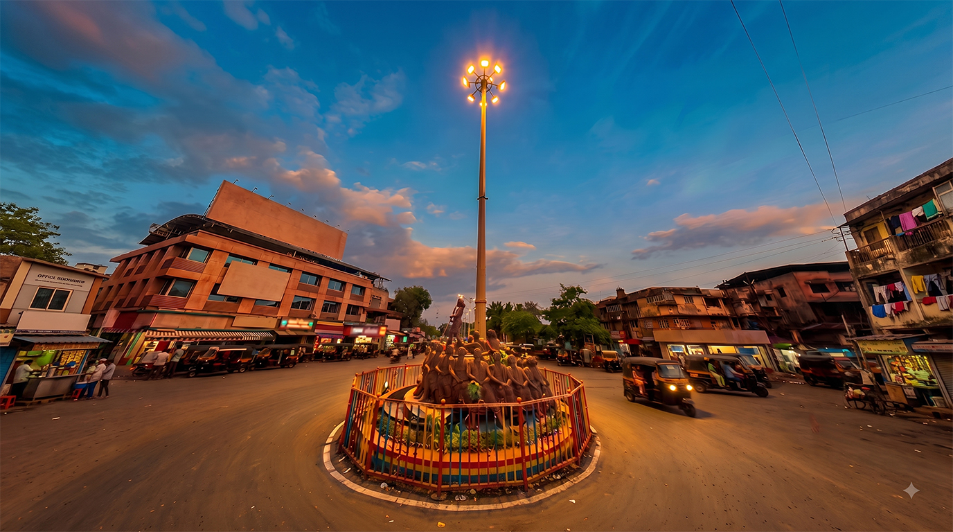 Palghar Hutatma Chowk landmark at sunset with vibrant evening glow